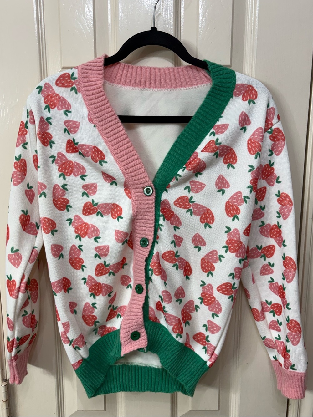 White Strawberry Print Cotton-Blend Cardigan with Pink & Green Trim Girls Sz 10